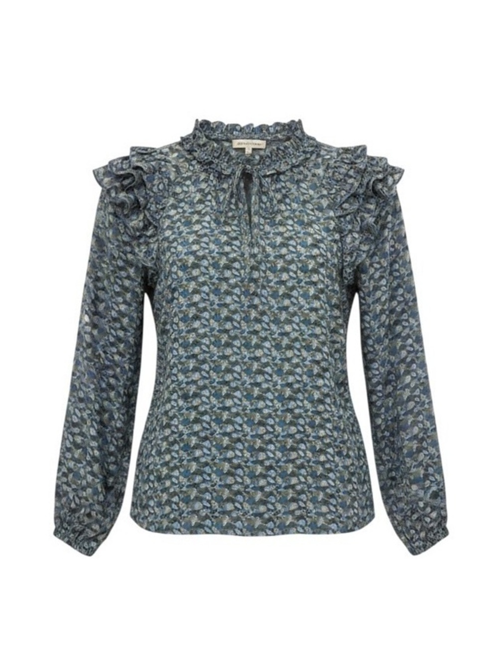 JODIFL Womens Small Ruffle Blouse Blue Abstract Print Long Sleeve Tie Neck